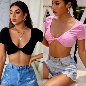 2 Pack Twist Front Micro Crop Tops - Size Large (L) - Black and Pink